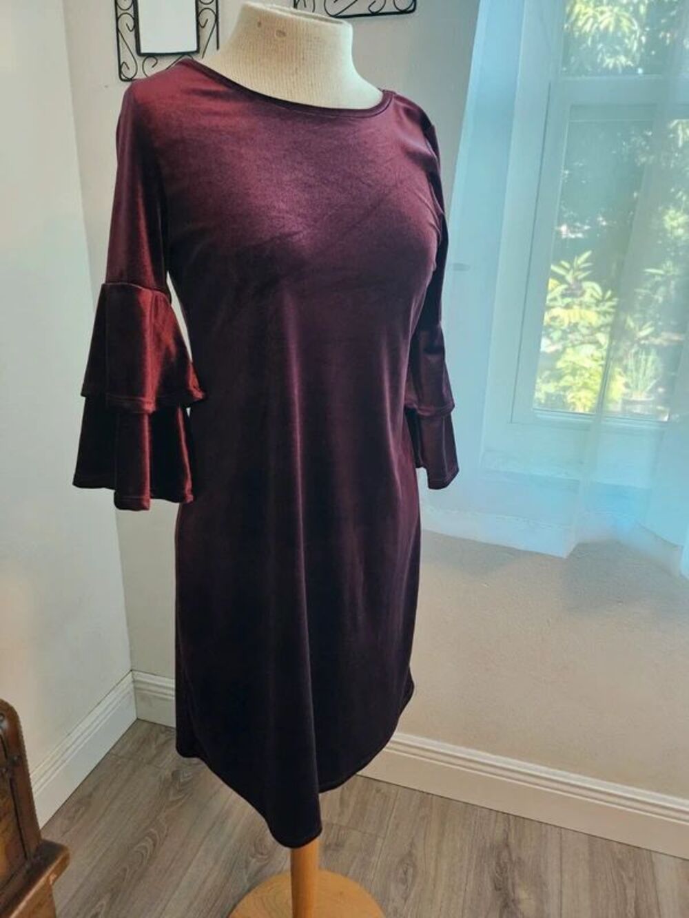 Burgundy Velour long flutter sleeve Autum colors midi dress Fall Whimysgoth